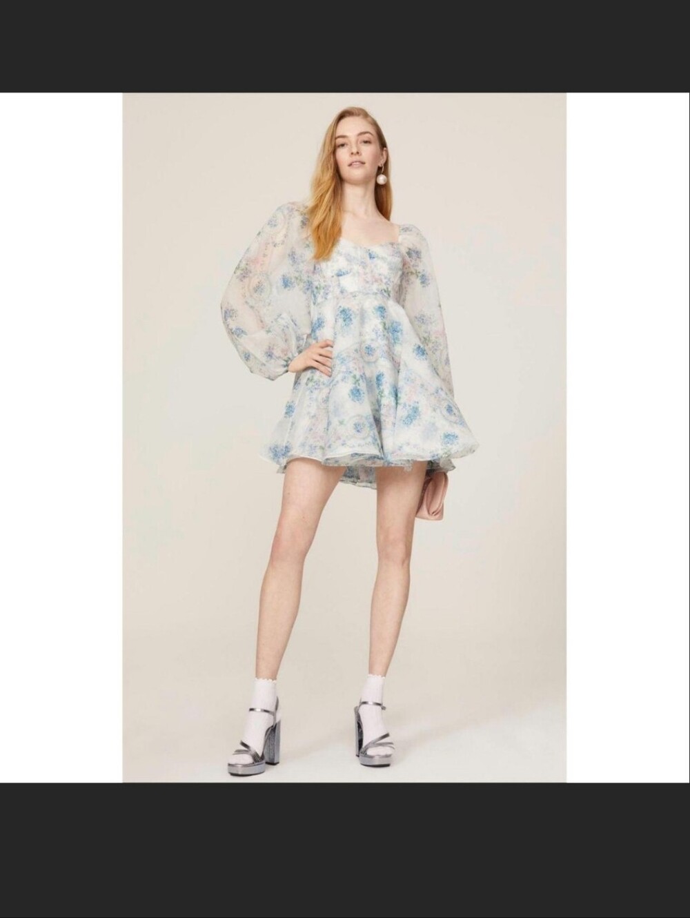 Selkie The Princess Blue & Cream Floral Sheer-Puff Mini Dress